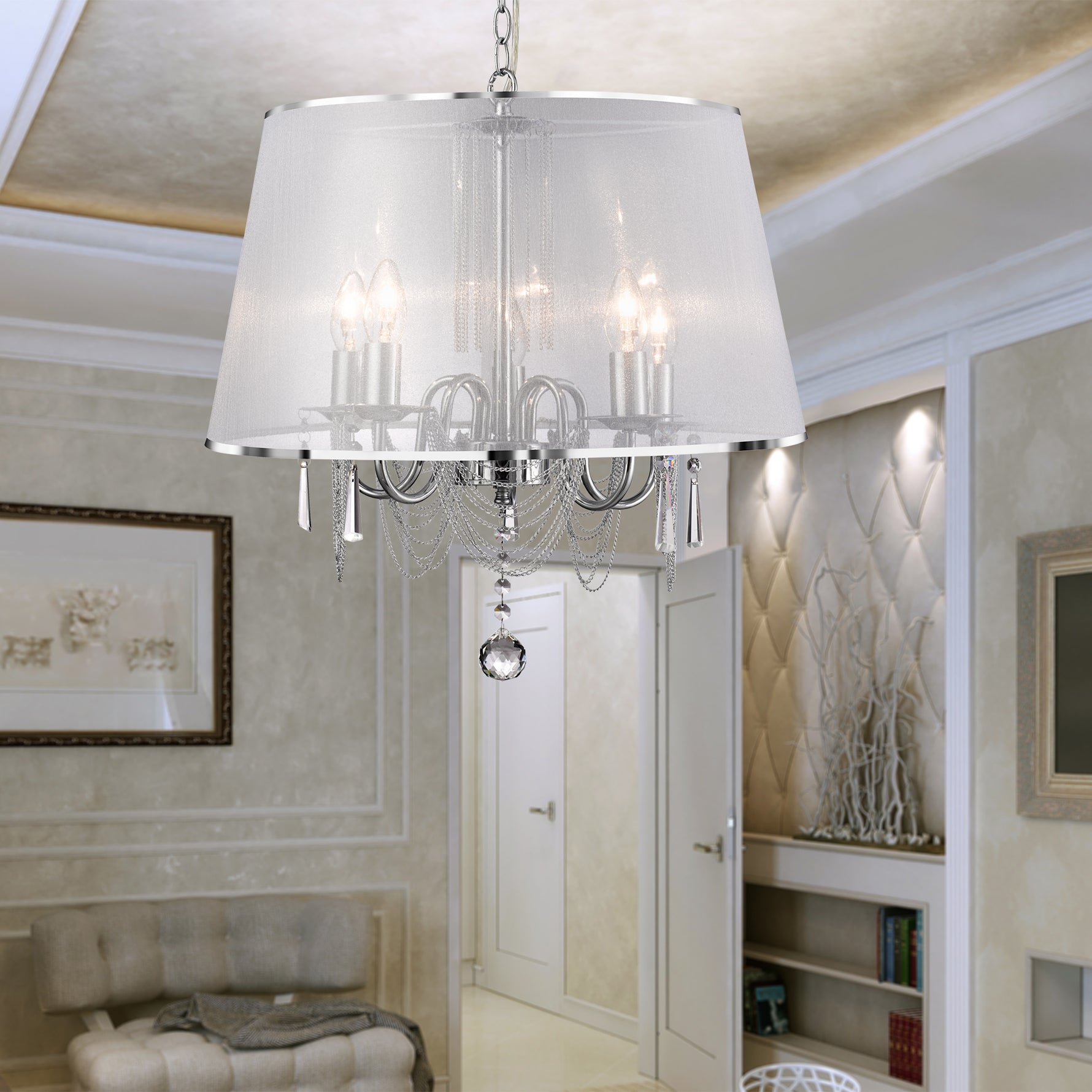Searchlight Electric Venetian 5Lt Pendant  -  Chrome, Voile Shade & Crystal Glass 1485-5CC