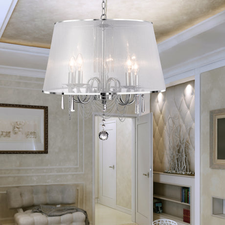 Searchlight Electric Venetian 5Lt Pendant  -  Chrome, Voile Shade & Crystal Glass 1485-5CC