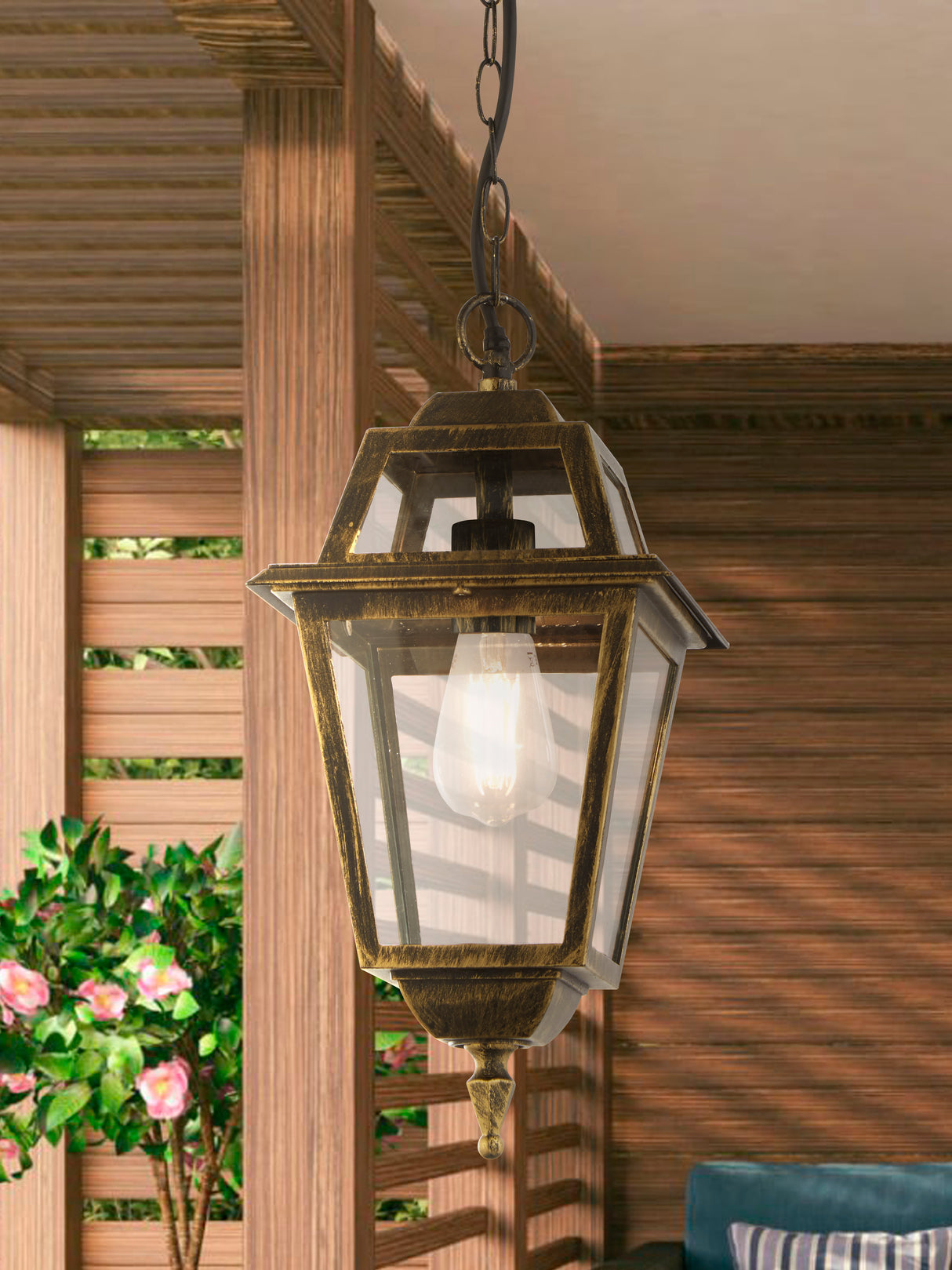 Searchlight Electric New Orleans Pendant Lantern,  Black Gold & Glass,IP44 1526
