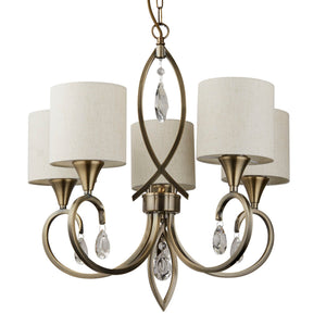 Searchlight Electric Alberto 5Lt Pendant - Antique Brass, Crystal & Linen Shade 1605-5AB