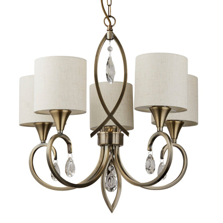 Searchlight Electric Alberto 5Lt Pendant - Antique Brass, Crystal & Linen Shade 1605-5AB