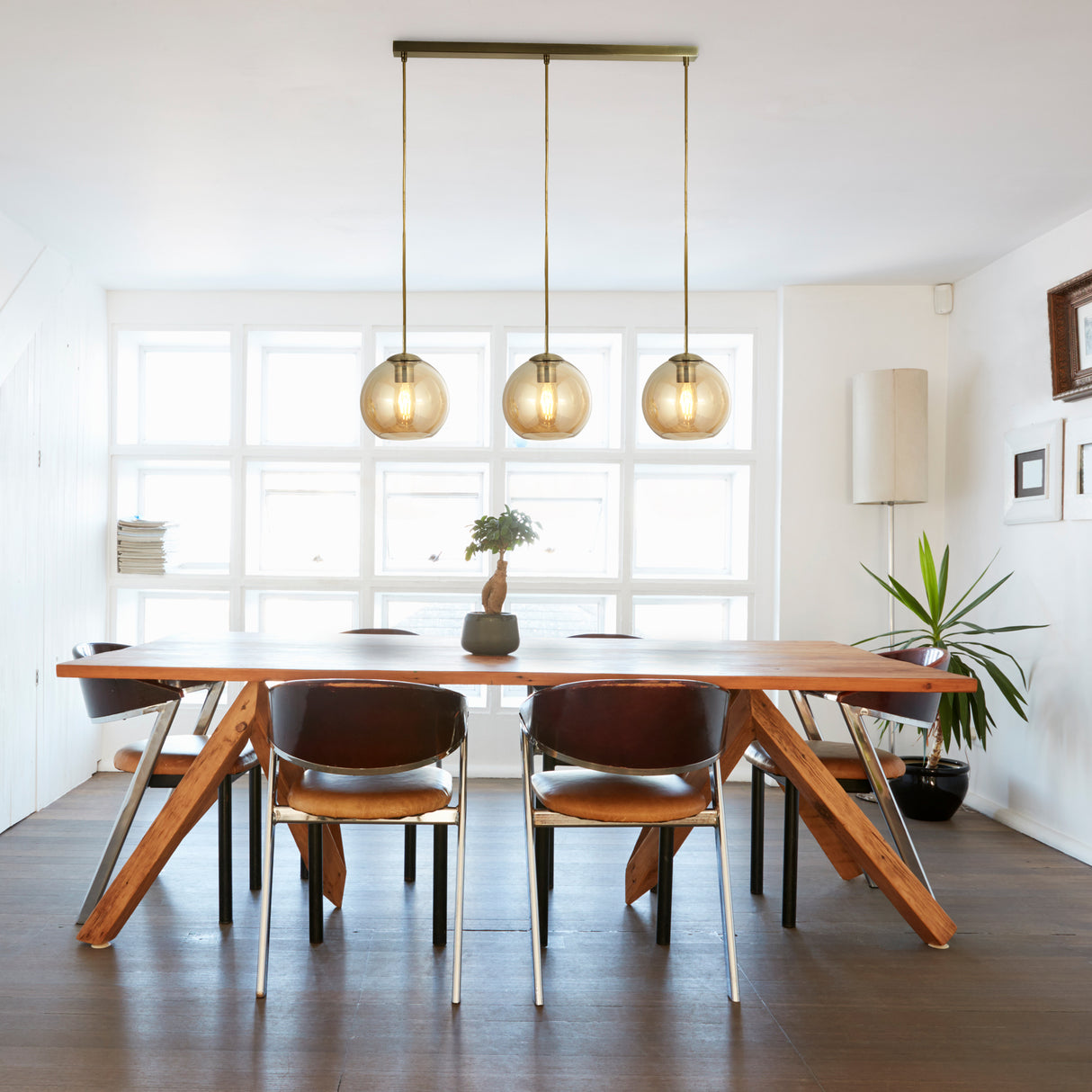 Searchlight Electric Balls  3Lt Bar Pendant - Antique Brass Metal & Amber Glass 1623-3AM