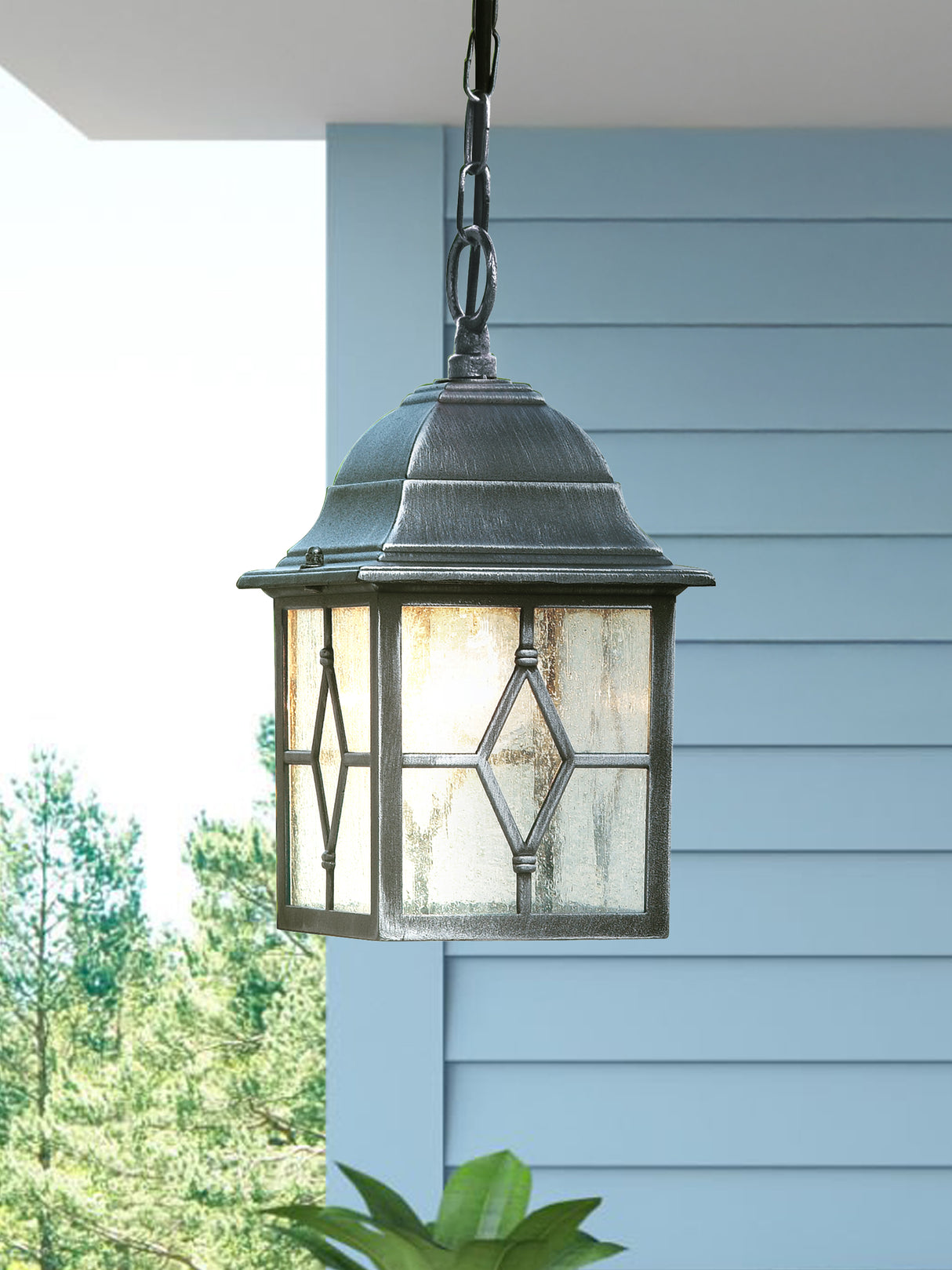 Searchlight Electric Genoa Outdoor Pendant - Black Silver Metal & Leaded Glass 1641