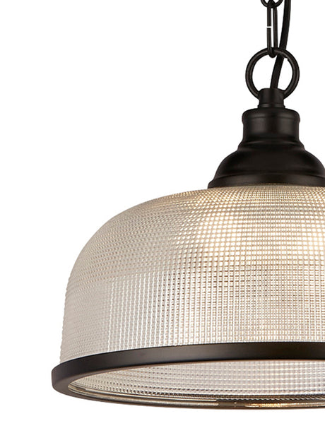 Searchlight Electric Highworth Pendant - Matt Black Metal & Holophane Style Glass 1682BK