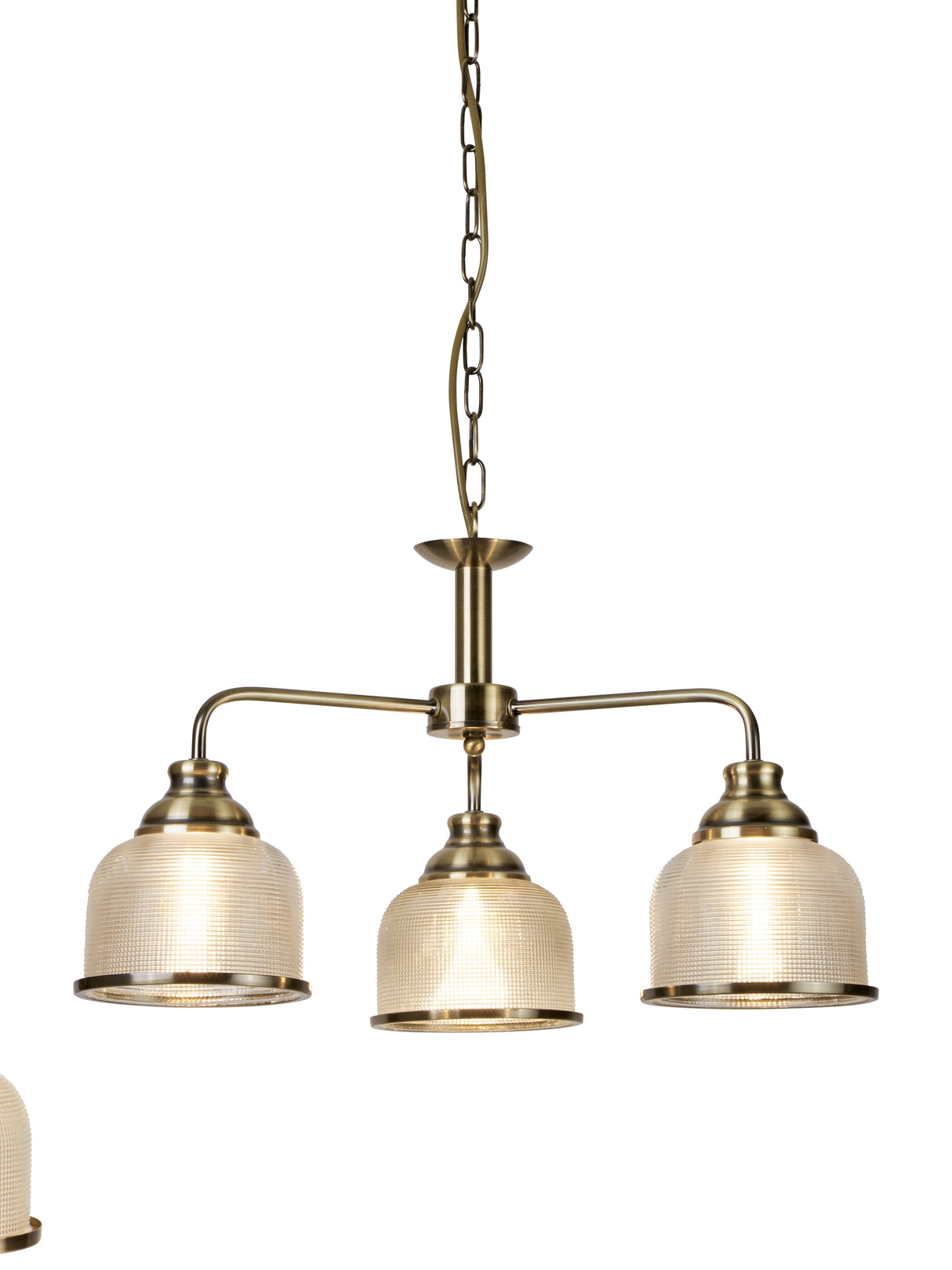 Bistro II 3Lt Pendant-Antique Brass & Holophane Style Glass