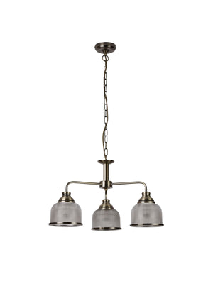 Searchlight Electric Bistro II 3Lt Pendant-Antique Brass & Holophane Style Glass 1683-3AB