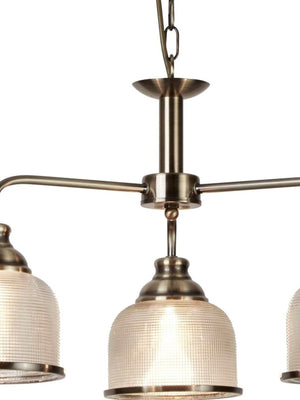 Searchlight Electric Bistro II 3Lt Pendant-Antique Brass & Holophane Style Glass 1683-3AB