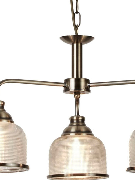 Searchlight Electric Bistro II 3Lt Pendant-Antique Brass & Holophane Style Glass 1683-3AB