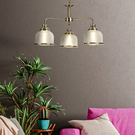 Searchlight Electric Bistro II 3Lt Pendant-Antique Brass & Holophane Style Glass 1683-3AB