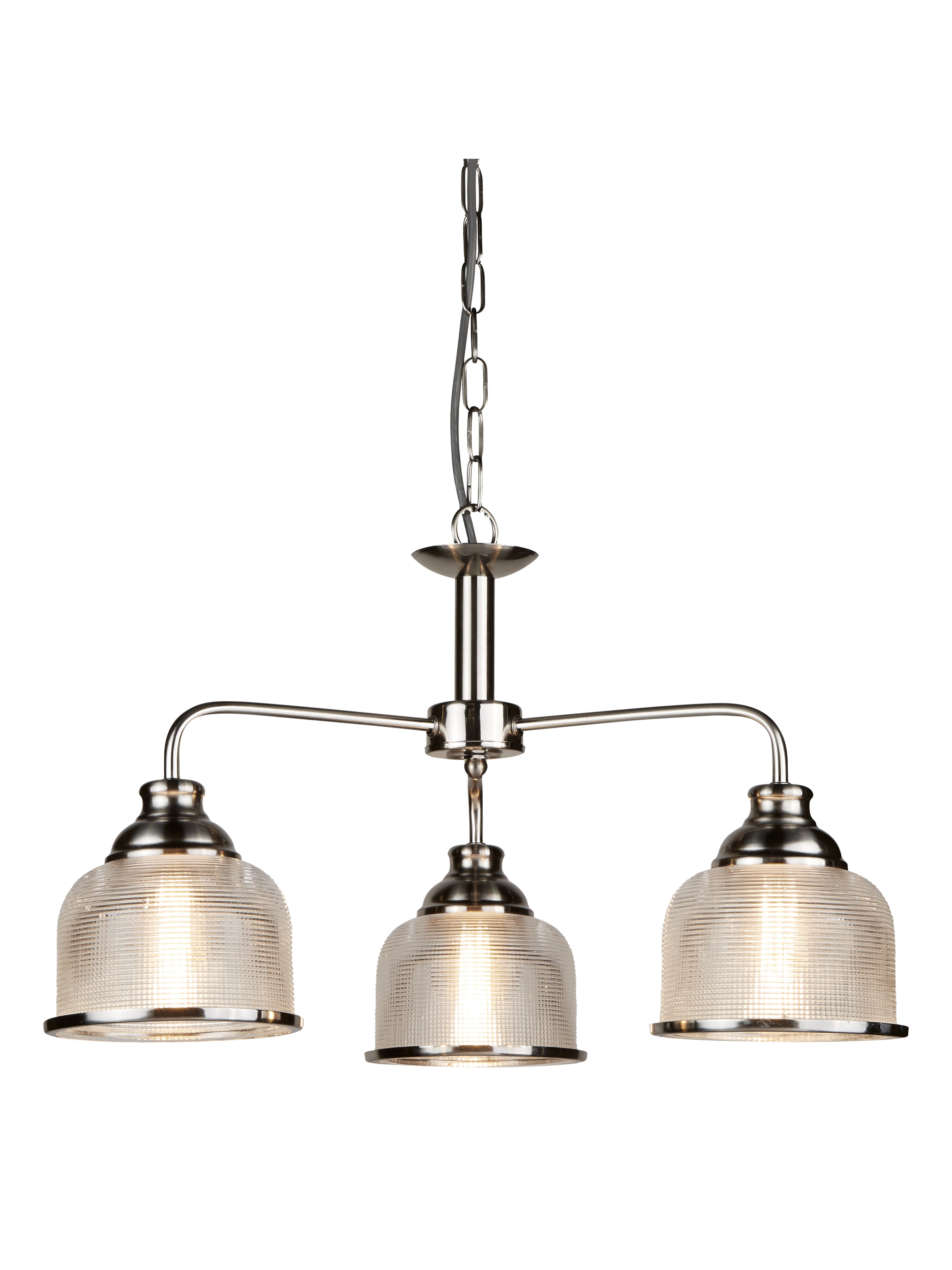 Bistro II 3Lt Pendant- Satin Silver & Holophane Style Glass