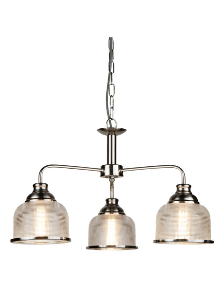 Bistro II 3Lt Pendant- Satin Silver & Holophane Style Glass