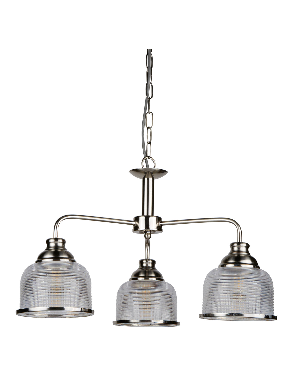 Searchlight Electric Bistro II 3Lt Pendant- Satin Silver & Holophane Style Glass 1683-3SS