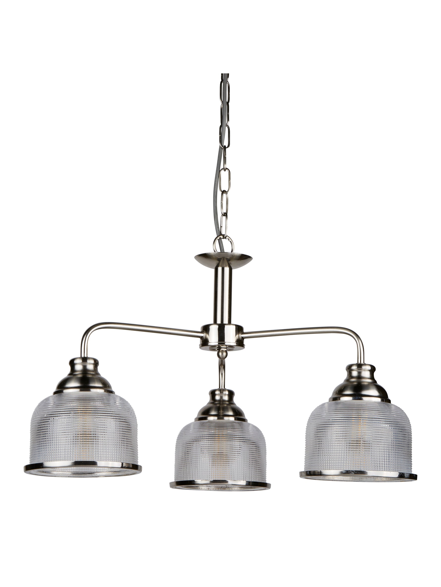 Searchlight Electric Bistro II 3Lt Pendant- Satin Silver & Holophane Style Glass 1683-3SS
