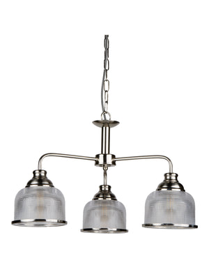 Searchlight Electric Bistro II 3Lt Pendant- Satin Silver & Holophane Style Glass 1683-3SS