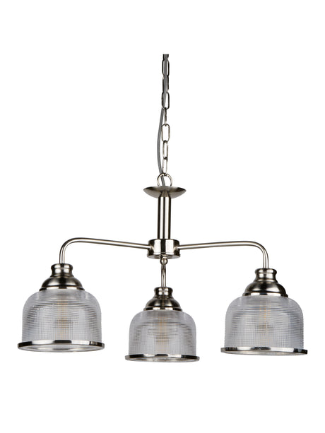 Searchlight Electric Bistro II 3Lt Pendant- Satin Silver & Holophane Style Glass 1683-3SS