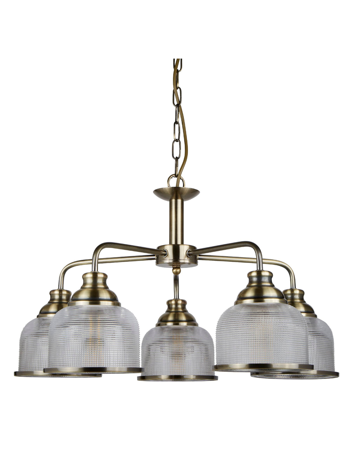 Searchlight Electric Bistro II 5Lt Pendant -Antique Brass & Holophane Style Glass 1685-5AB