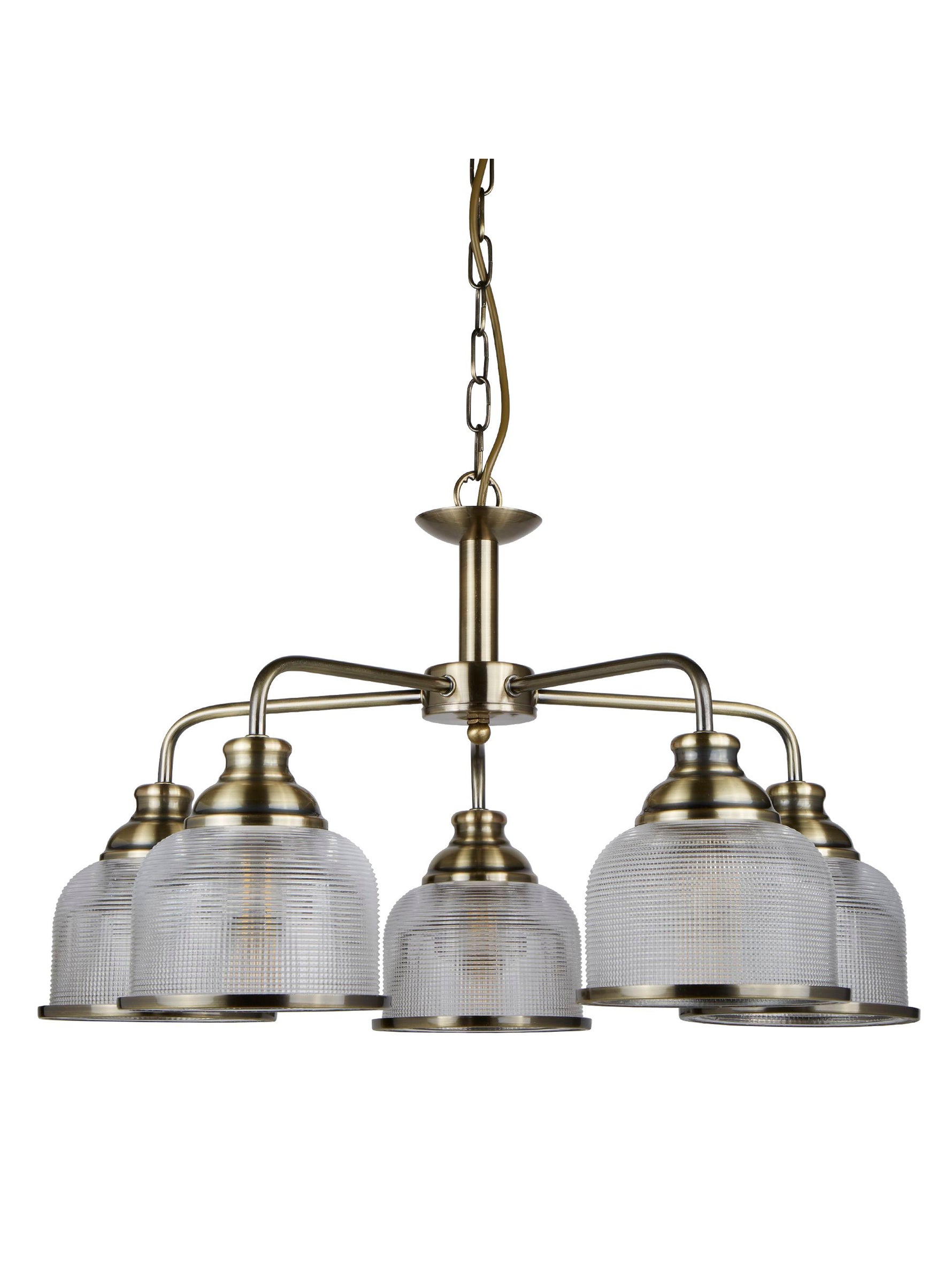 Searchlight Electric Bistro II 5Lt Pendant -Antique Brass & Holophane Style Glass 1685-5AB