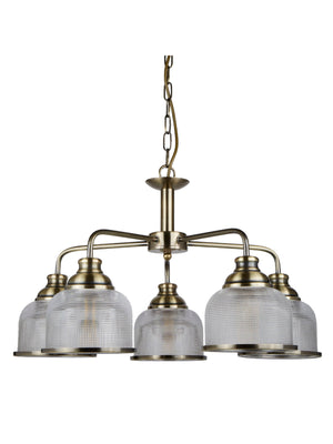 Searchlight Electric Bistro II 5Lt Pendant -Antique Brass & Holophane Style Glass 1685-5AB