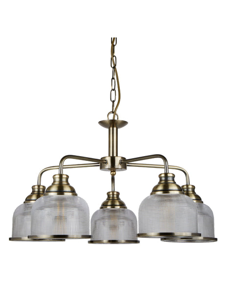 Searchlight Electric Bistro II 5Lt Pendant -Antique Brass & Holophane Style Glass 1685-5AB