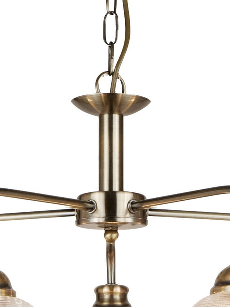 Searchlight Electric Bistro II 5Lt Pendant -Antique Brass & Holophane Style Glass 1685-5AB