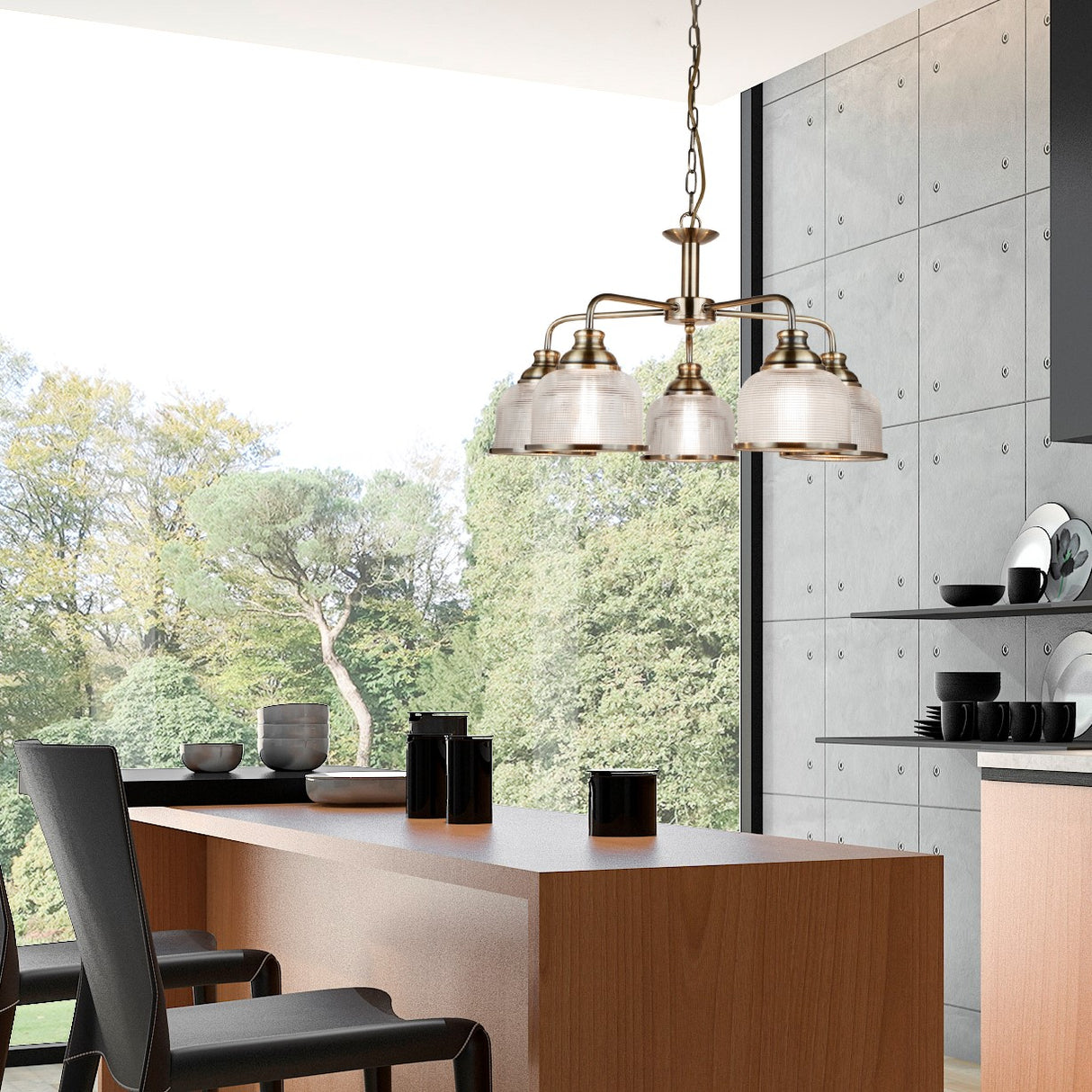 Searchlight Electric Bistro II 5Lt Pendant -Antique Brass & Holophane Style Glass 1685-5AB