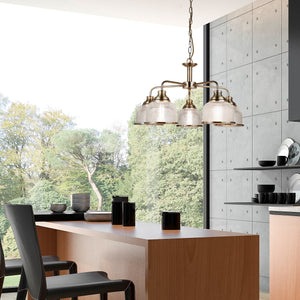 Searchlight Electric Bistro II 5Lt Pendant -Antique Brass & Holophane Style Glass 1685-5AB