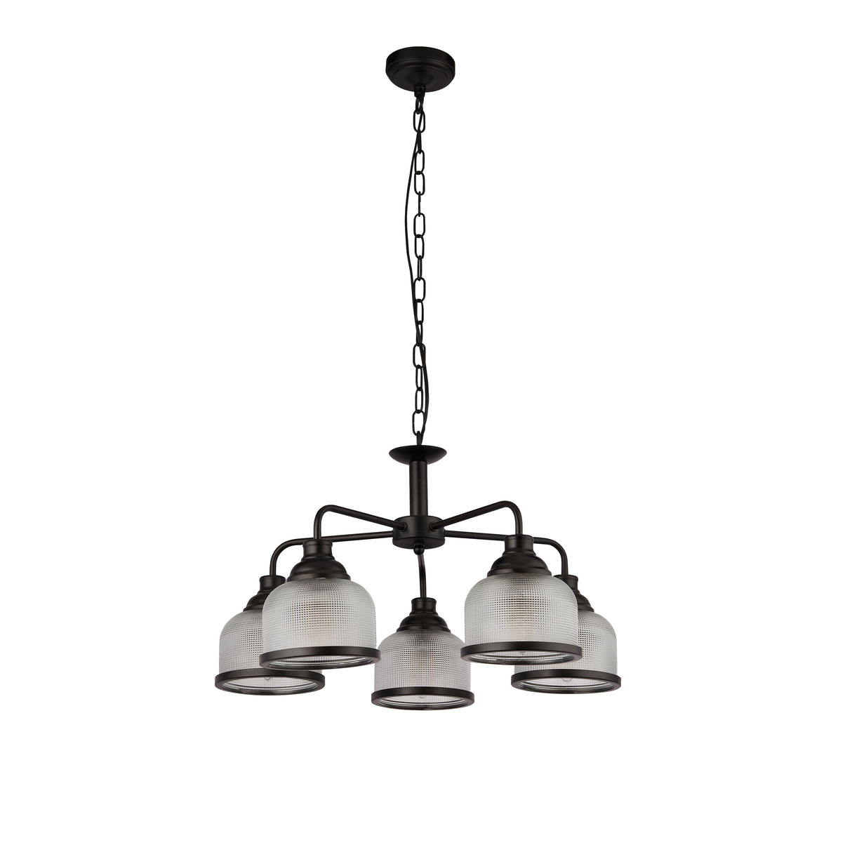 Searchlight Electric Highworth 5Lt Pendant - Black Metal & Holophane Style Glass 1685-5BK