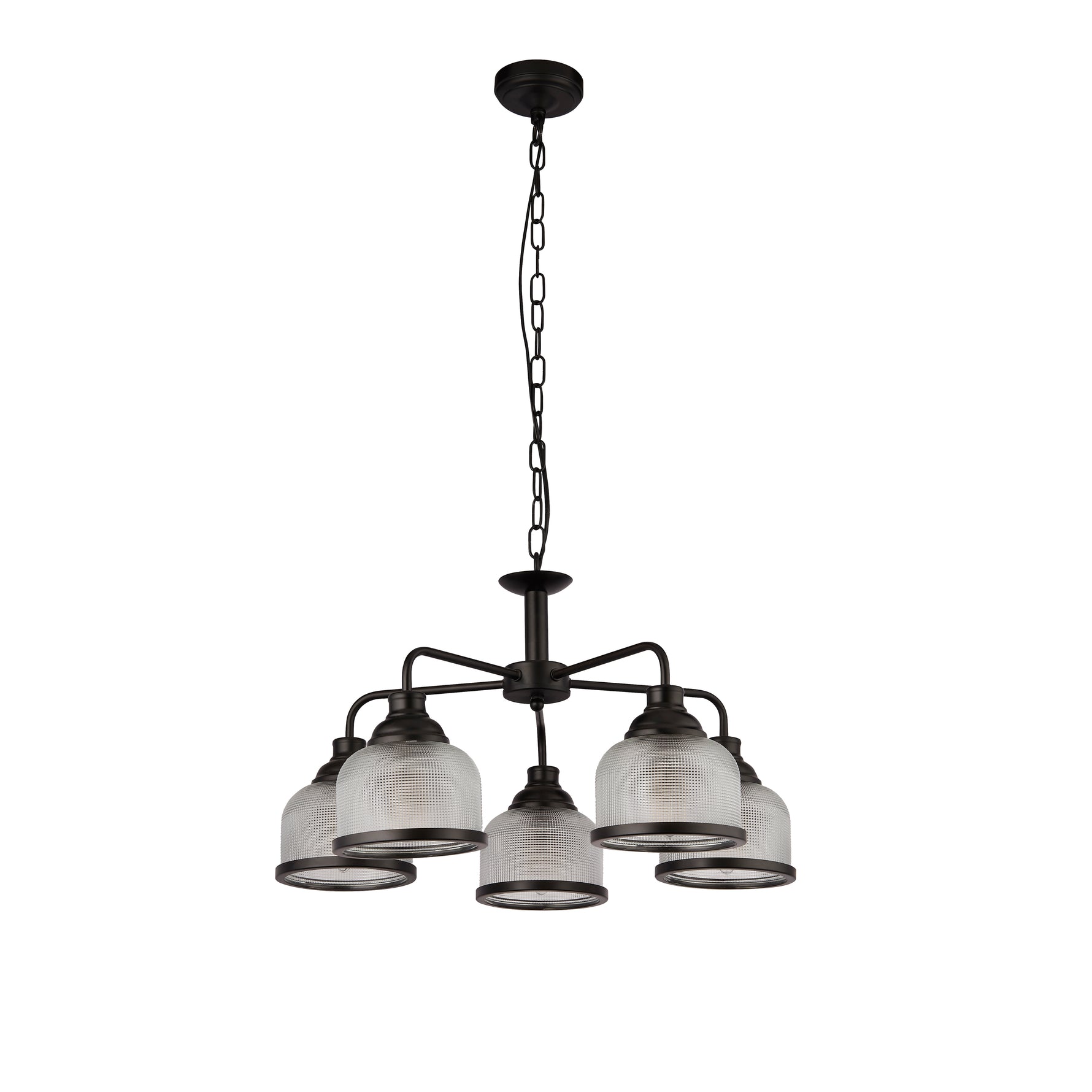 Searchlight Electric Highworth 5Lt Pendant - Black Metal & Holophane Style Glass 1685-5BK