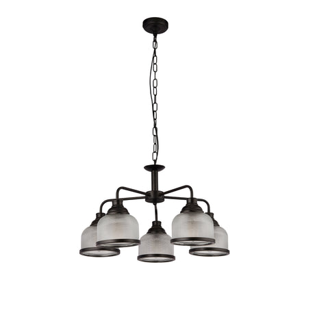 Searchlight Electric Highworth 5Lt Pendant - Black Metal & Holophane Style Glass 1685-5BK