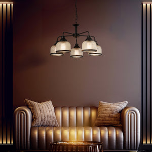 Searchlight Electric Highworth 5Lt Pendant - Black Metal & Holophane Style Glass 1685-5BK