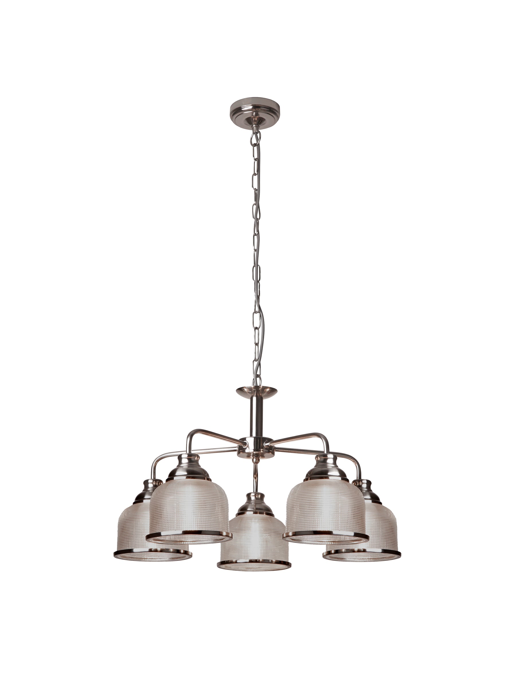 Searchlight Electric Bistro II 5Lt Pendant- Satin Silver & Holophane Style Glass 1685-5SS