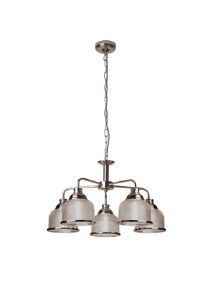 Searchlight Electric Bistro II 5Lt Pendant- Satin Silver & Holophane Style Glass 1685-5SS