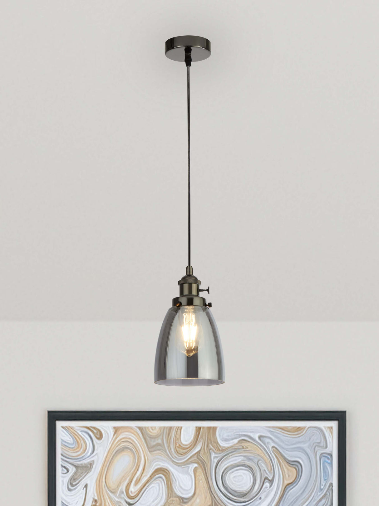 Searchlight Electric Camden 1Lt Pendant  - Black Chrome Metal & Smoked Glass 1921-1BC