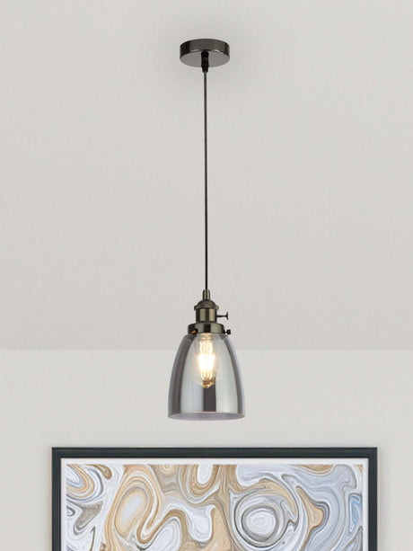 Searchlight Electric Camden 1Lt Pendant  - Black Chrome Metal & Smoked Glass 1921-1BC