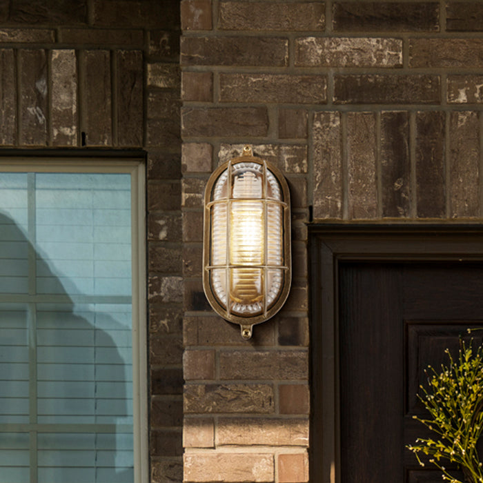 Searchlight Electric Bulkhead Oval Outdoor Light - Solid Brass & Ribbed Glass 20361PB