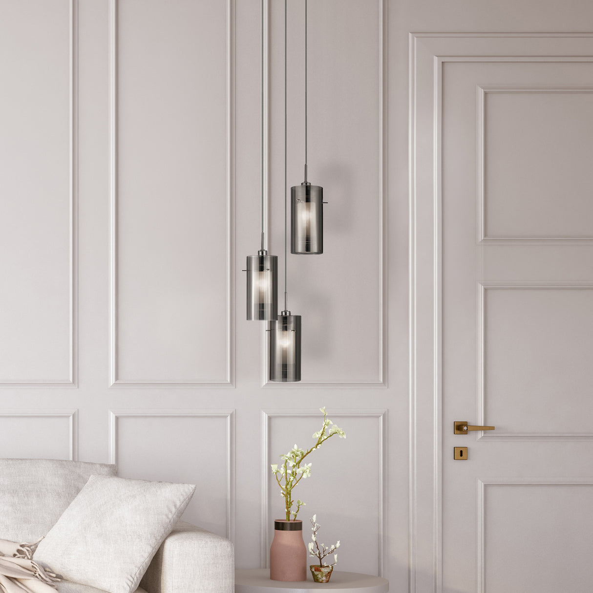 Searchlight Electric Duo II 3Lt Multi-Drop Pendant - Satin Silver & Smoked Glass 2300-3SM