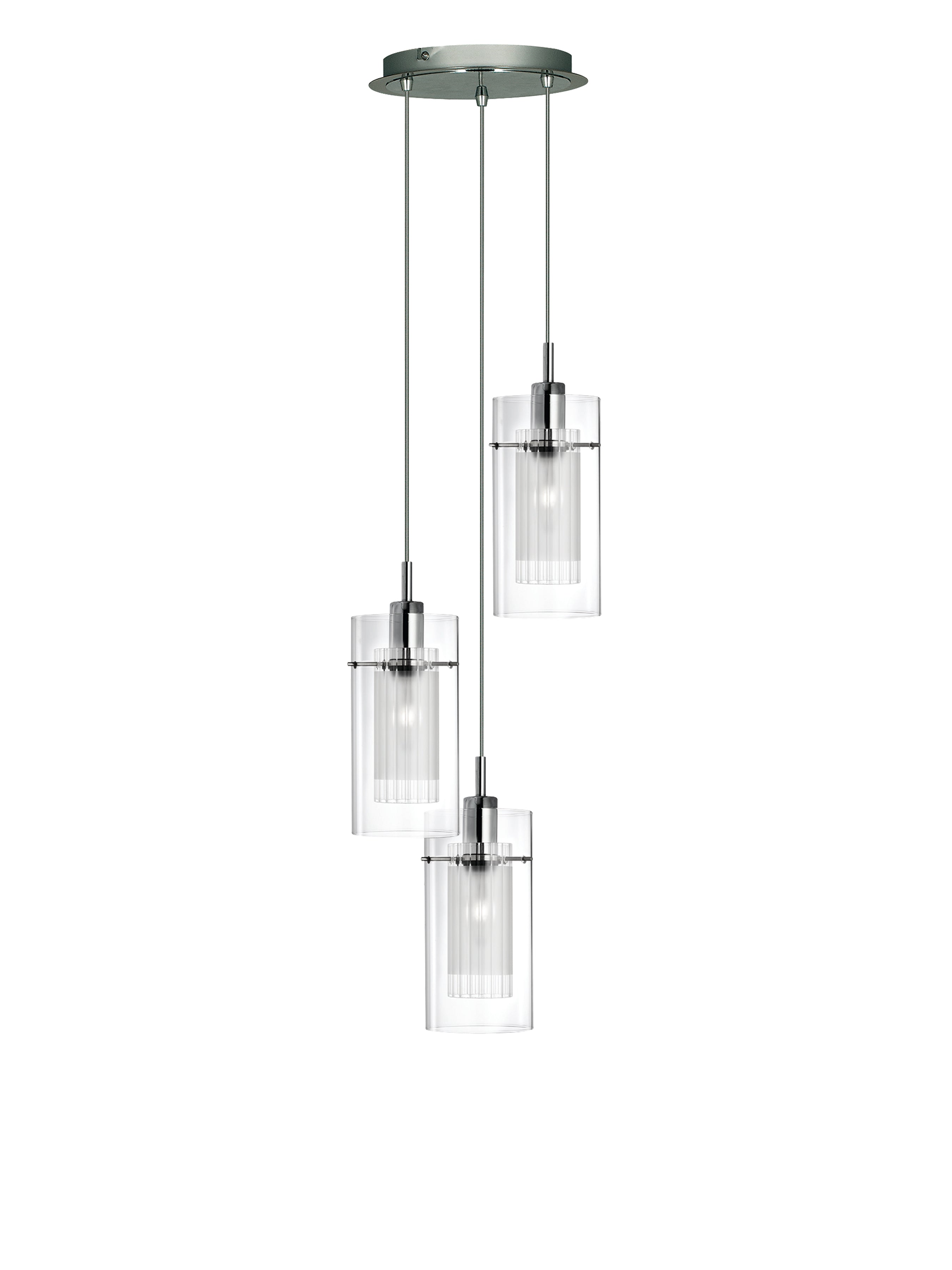 Duo I  3Lt Multi-Drop Pendant - Chrome Metal & Double Glass