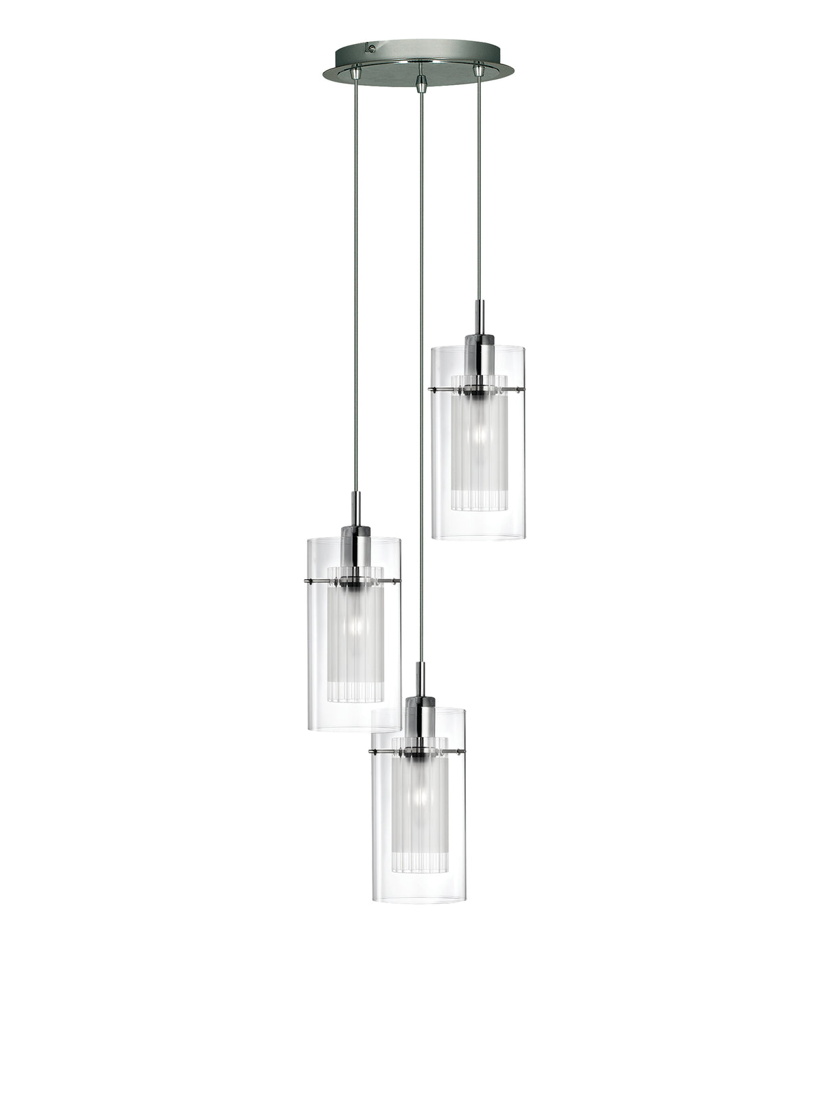 Duo I  3Lt Multi-Drop Pendant - Chrome Metal & Double Glass