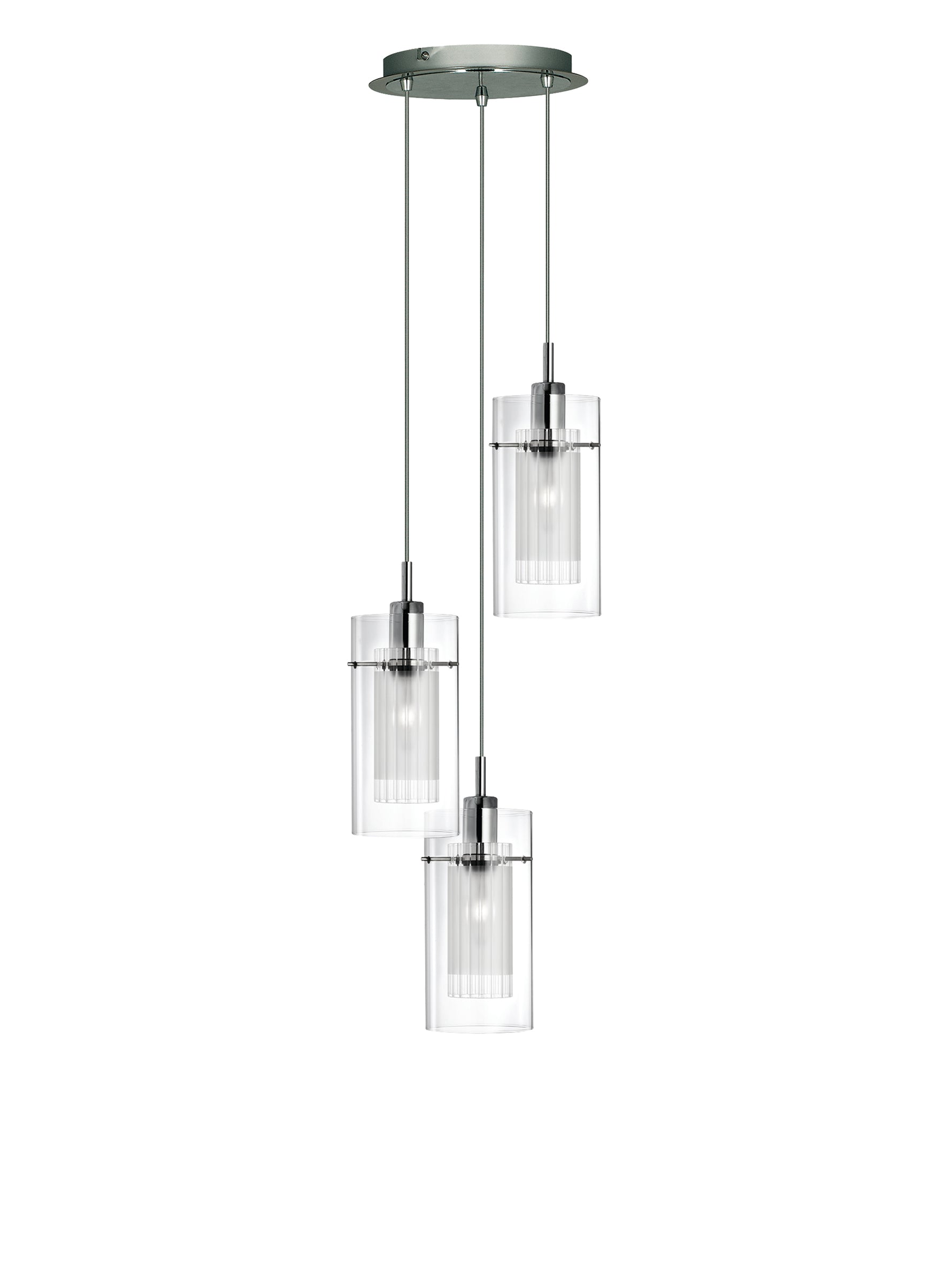 Duo I  3Lt Multi-Drop Pendant - Chrome Metal & Double Glass