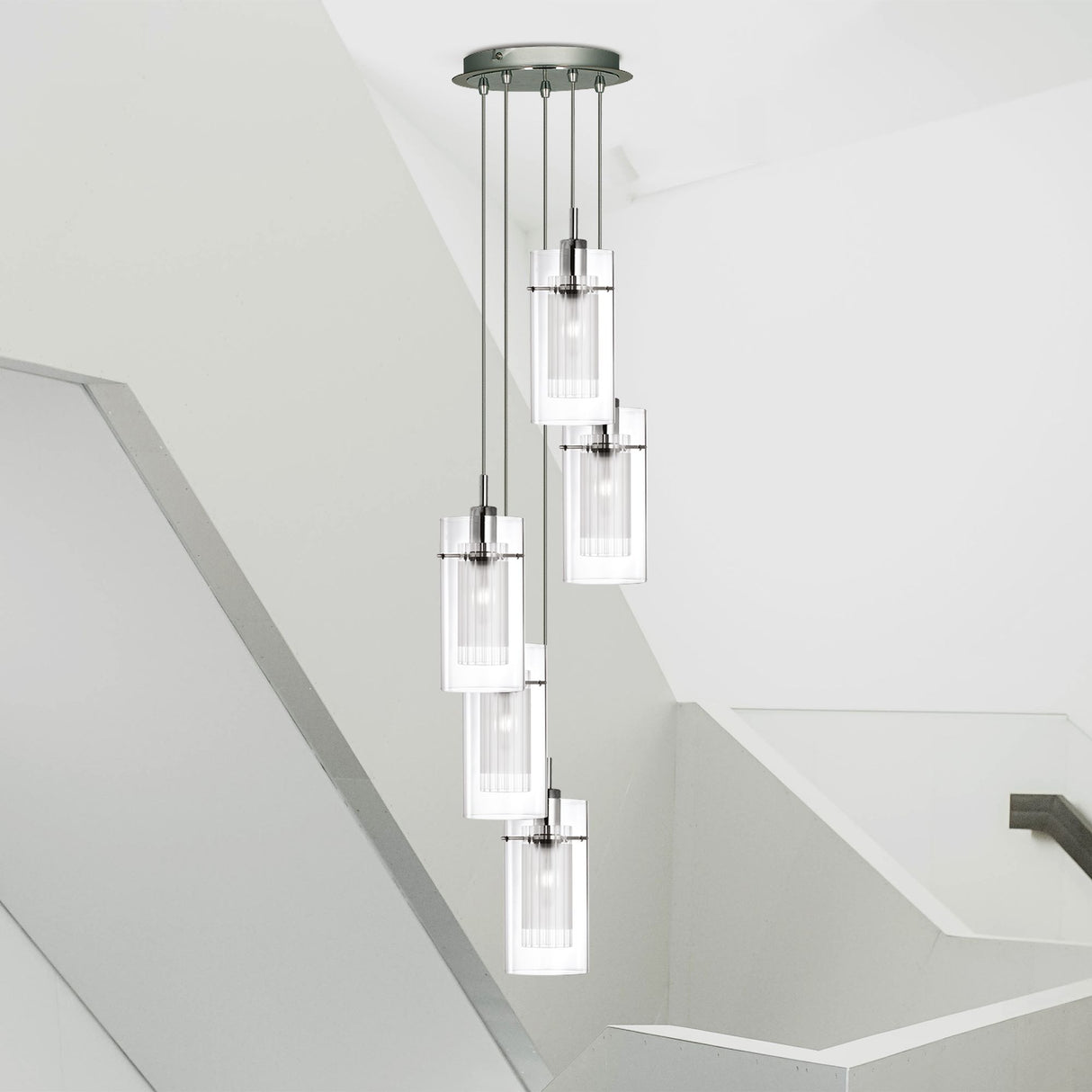 Searchlight Electric Duo I 5Lt Multi-Drop Pendant - Satin Silver Metal & Glass 2305-5