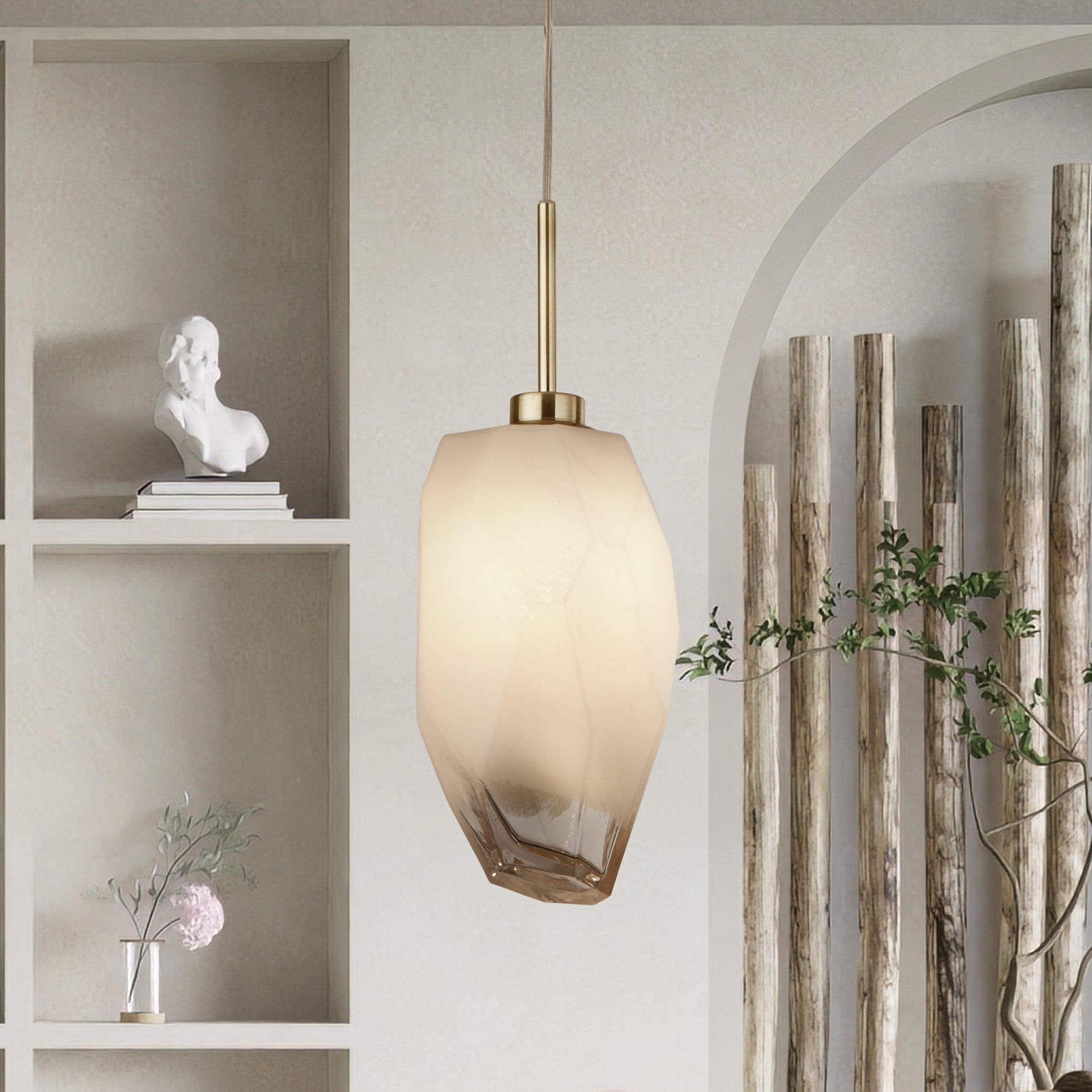 Searchlight Electric Rocky 1Lt Pendant, Satin Brass Metal  & Glass 23141-1SB