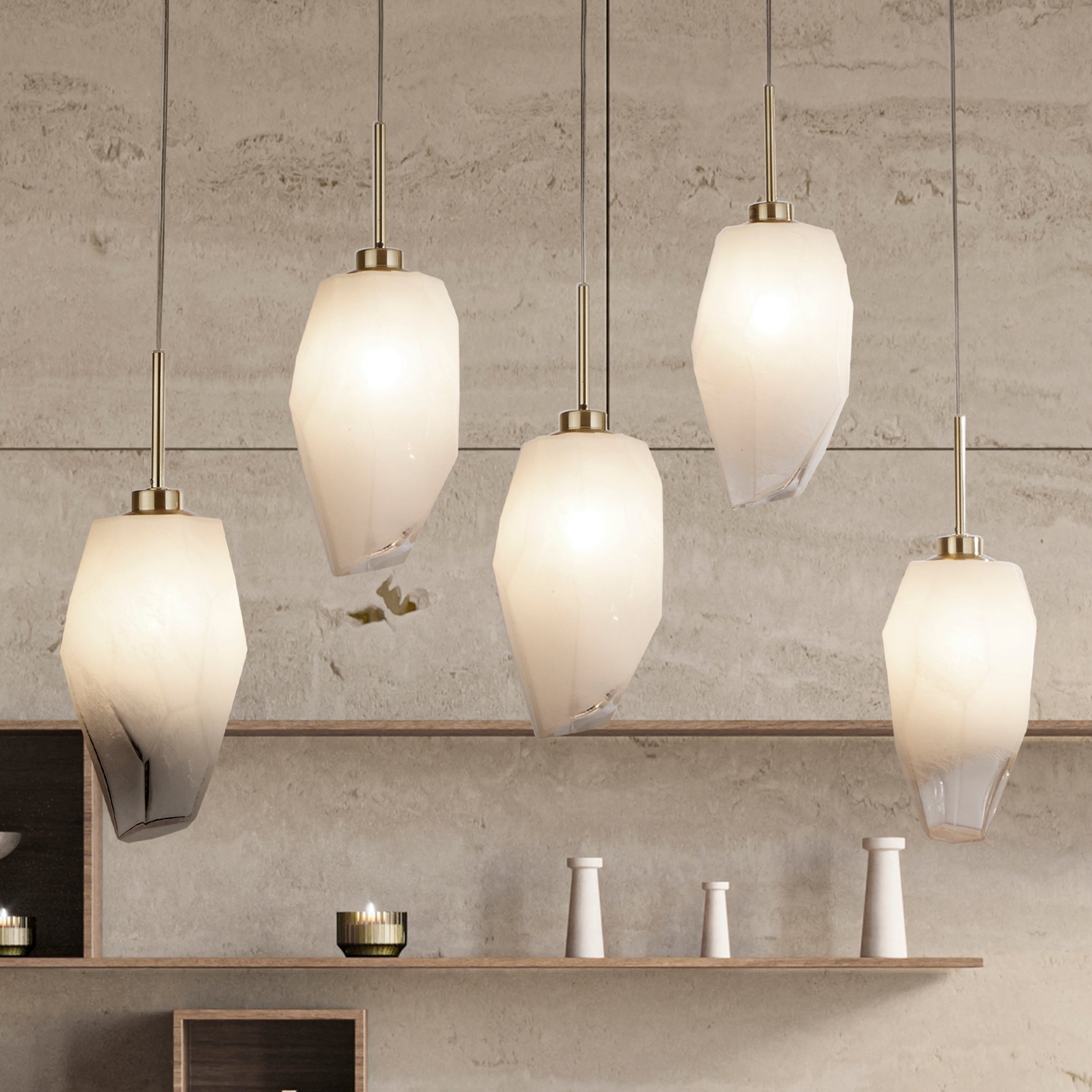 Searchlight Electric Rocky 5Lt Bar Pendant, Satin Brass Metal  & Glass 23145-5SB