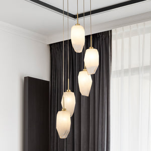 Searchlight Electric Rocky 5Lt Multi Drop  Pendant, Satin Brass Metal  & Glass 23146-5SB