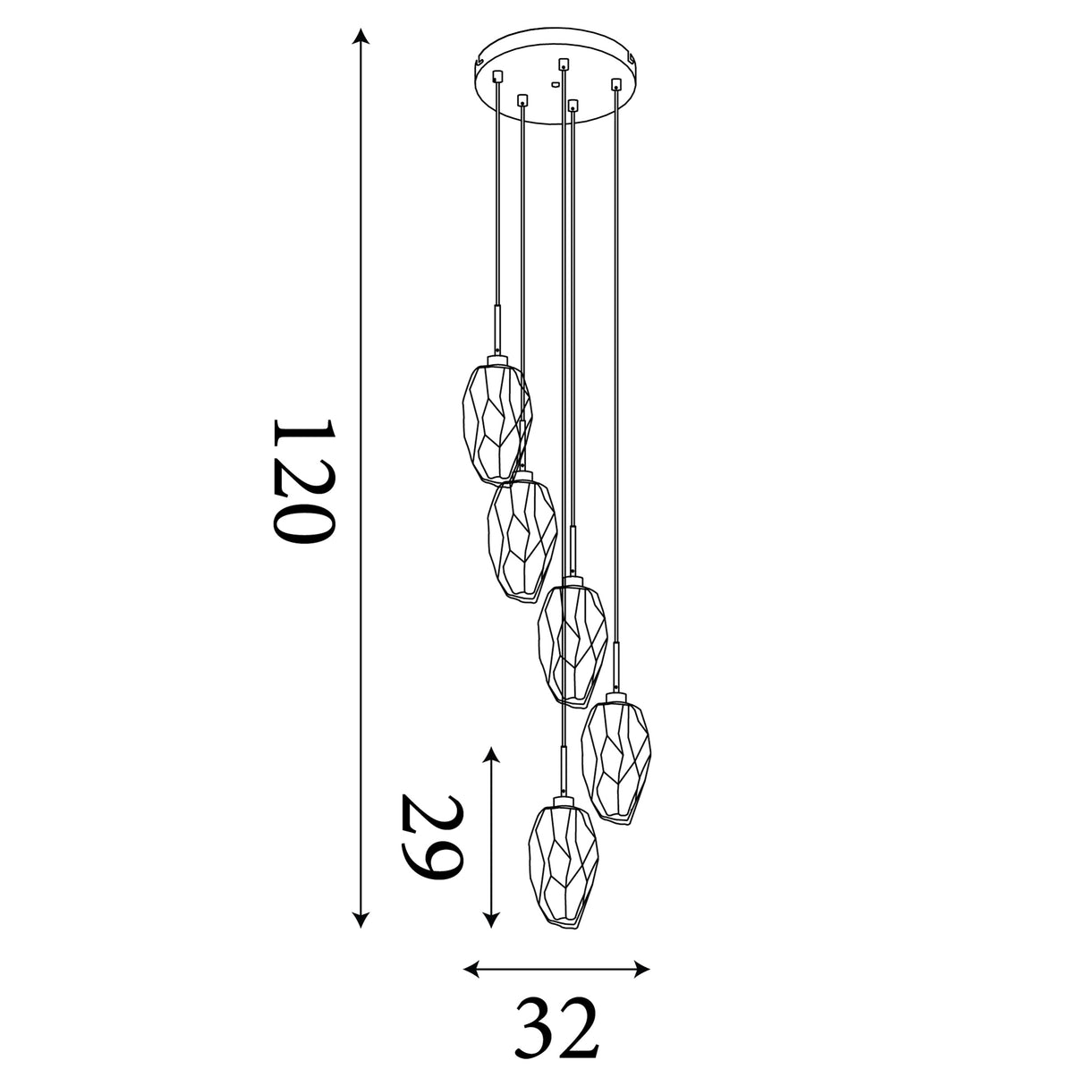 Searchlight Electric Rocky 5Lt Multi Drop  Pendant, Satin Brass Metal  & Glass 23146-5SB