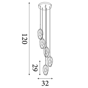Searchlight Electric Rocky 5Lt Multi Drop  Pendant, Satin Brass Metal  & Glass 23146-5SB