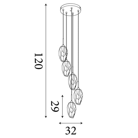 Searchlight Electric Rocky 5Lt Multi Drop  Pendant, Satin Brass Metal  & Glass 23146-5SB