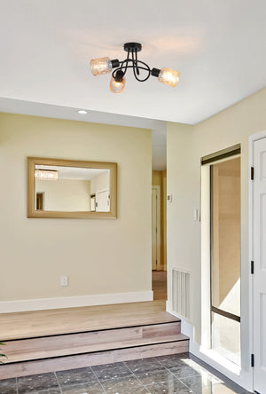 Searchlight Electric Knot 3Lt Ceiling Lamp, Black Metal with Amber Glass Shade 23603-3BK