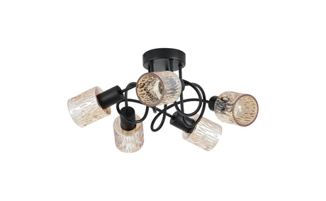 Searchlight Electric Knot 5Lt Ceiling Lamp, Black Metal with Amber Glass Shade 23605-5BK