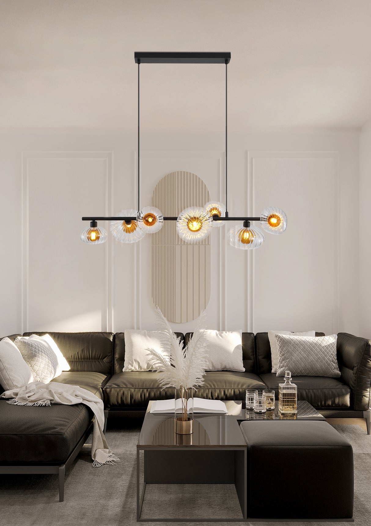 Searchlight Electric Sunbeam 7lt Pendant, Clear and Amber Ribbed Glass 24123-7BK