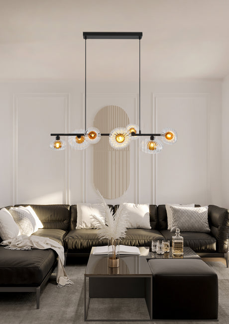 Searchlight Electric Sunbeam 7lt Pendant, Clear and Amber Ribbed Glass 24123-7BK